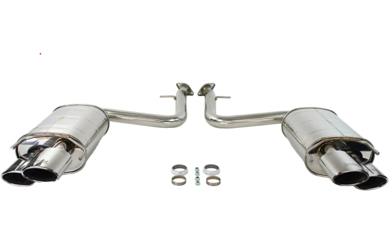 Invidia catback stainless steel quad rolled tip axle-back exhaust for Lexus RC350/200T, showcasing polished tips and exhaust piping.