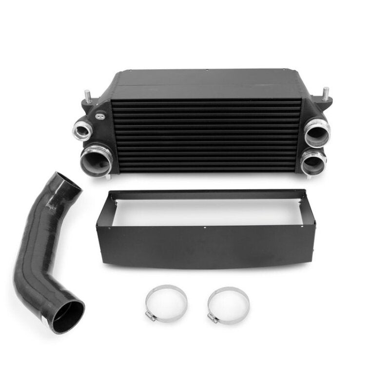 Wagner Tuning Ford F-150 3.5L EcoBoost EVO2 Competition Intercooler Kit showing metallic intercooler with hoses and mounting brackets.