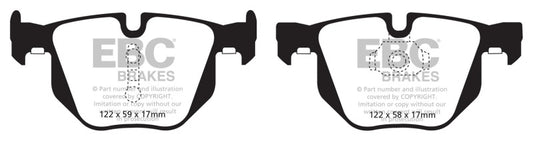 EBC Redstuff rear brake pads for BMW X5 3.0 Turbo (35), performance brake pads with red friction material, shown in the image.