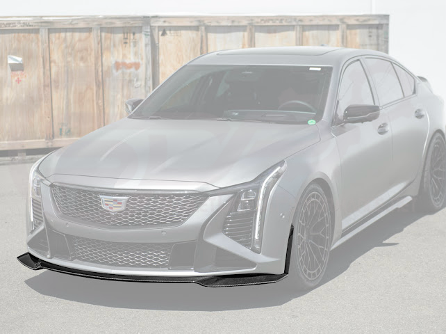Factory OEM style carbon fiber front lip splitter and wheel arches for Cadillac CT5-V Blackwing, styled for performance and ground effects.