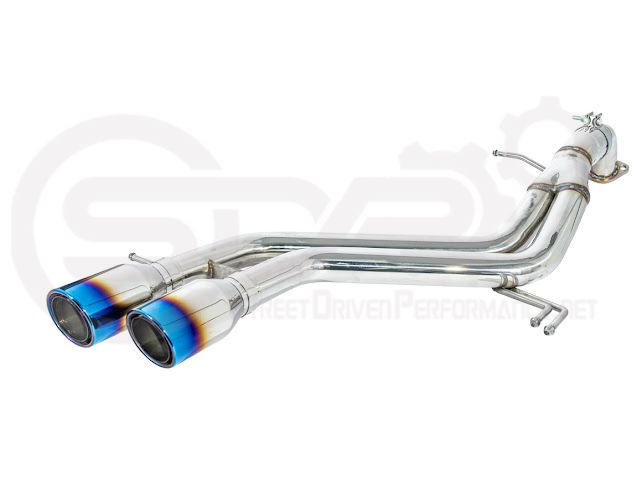 Hyundai Veloster Turbo 2013-2018 exhaust axle back with dual 4-inch muffler delete tips, available in burnt or chrome finish.