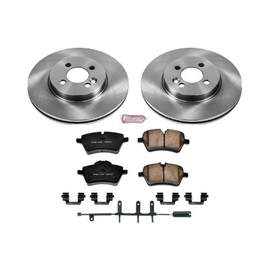 PowerStop OE front brake kit for 2007-2008 Mini Cooper, including brake rotors and pads, installed on vehicle.