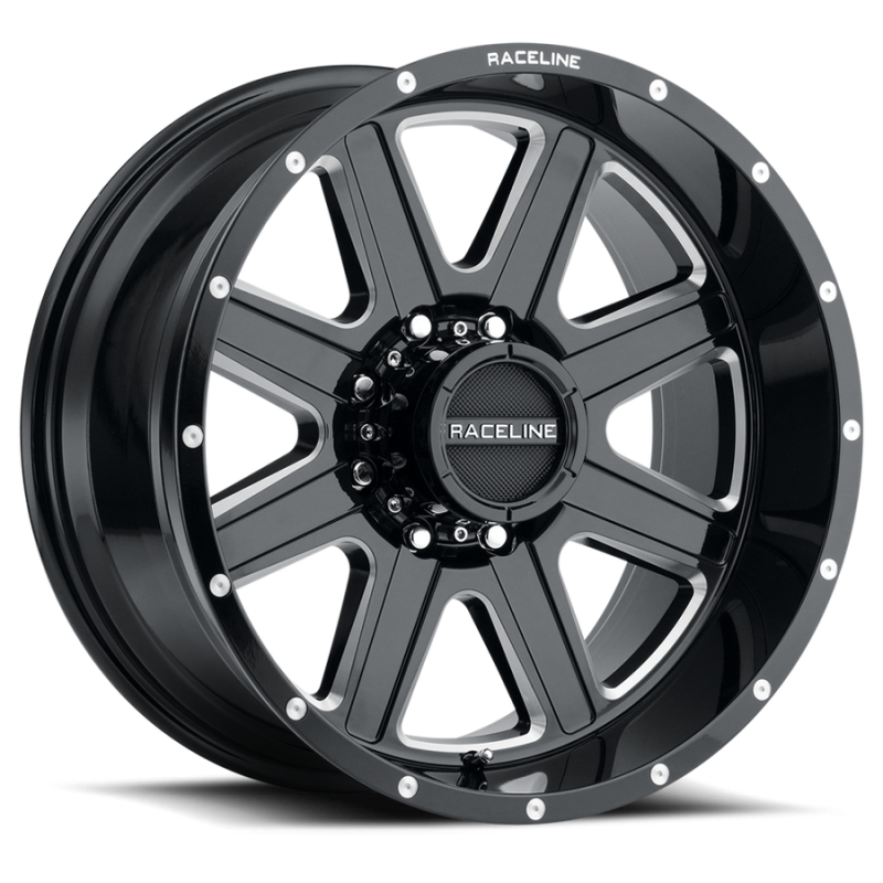 Raceline 940M Hostage 20x9 inch cast wheel in black and milled finish with 8x170 bolt pattern and 0mm offset.