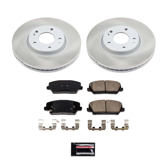 PowerStop 17-18 Kia Forte5 front semi-coated brake rotor kit with performance brake kit components on a white background.