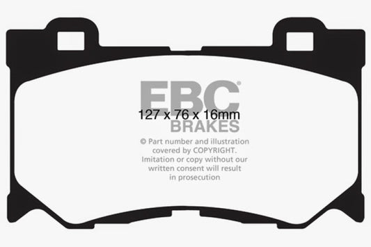 EBC Greenstuff front brake pads for Infiniti G37 3.7, performance brake pads with green friction material, shown in the image.
