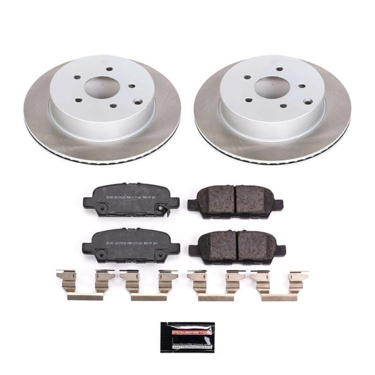PowerStop rear semi-coated rotor kit for 2014-2017 Infiniti QX70, performance brake kit with brake rotors and components.