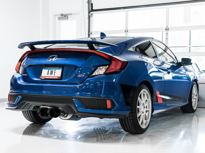 AWE Tuning catback exhaust system for 2016+ Honda Civic Si Track Edition with dual diamond black tips and front pipe.