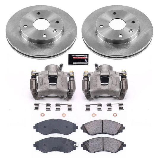 PowerStop OE front brake kit with calipers for 2004-2008 Suzuki Forenza, including rotors and brake pads.
