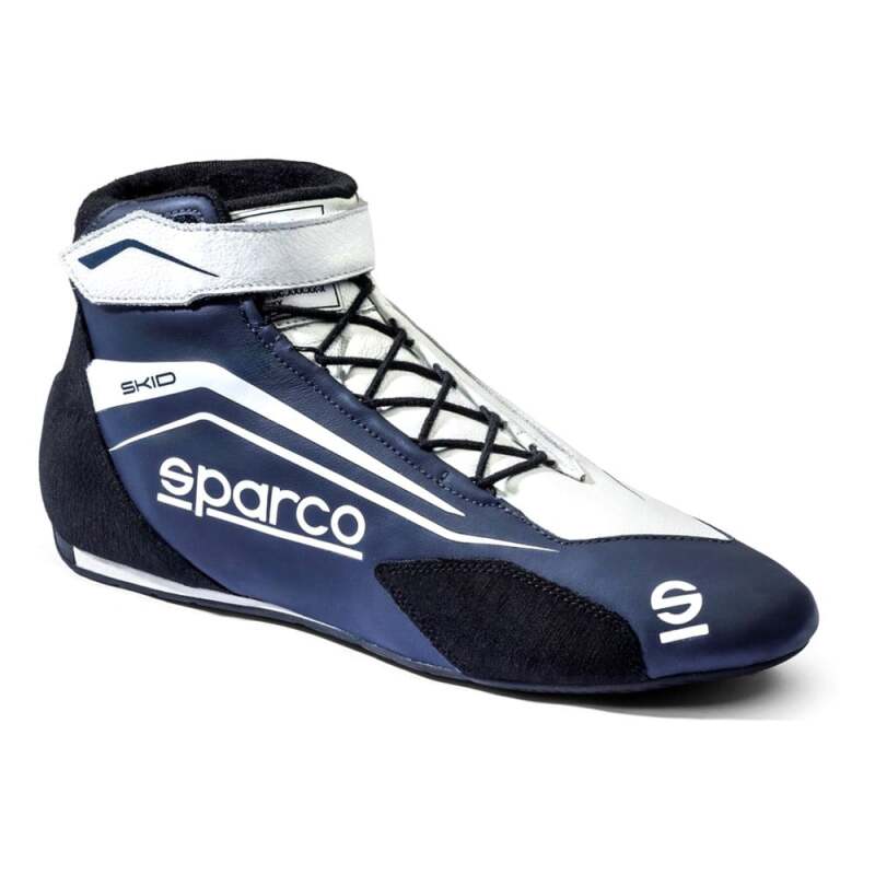 Blue and white Sparco racing shoes with skid-resistant soles, designed for motorsport drivers.
