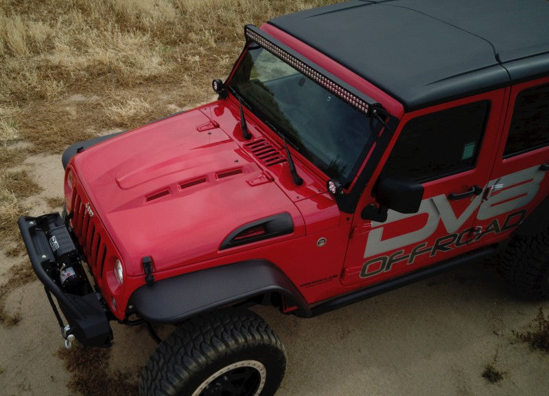 DV8 Offroad Jeep Wrangler JK metal heat dispersion hood in primer black, designed for 2007-2018 Jeep JK models.