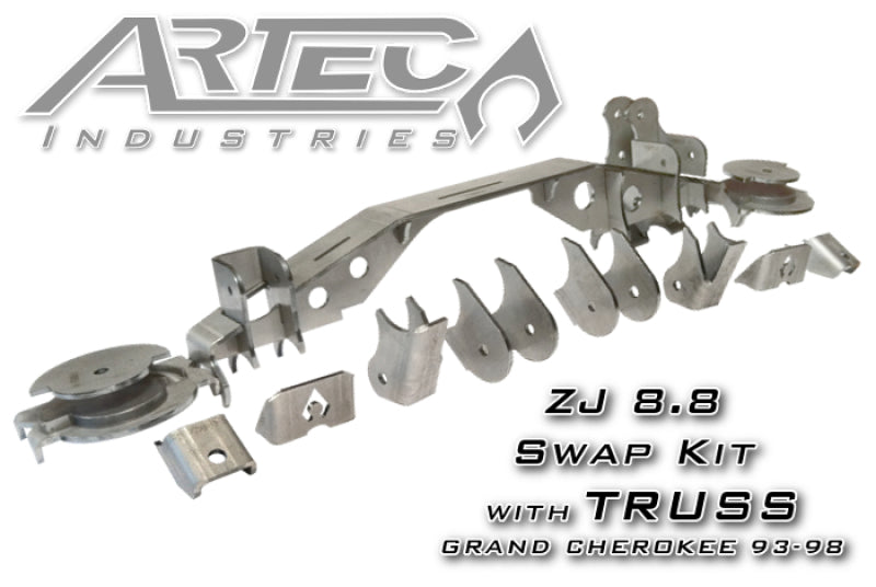 Artec Industries Jeep Grand Cherokee ZJ 8.8 swap axle kit with truss for 1993-1998 models, showcasing the axle assembly and components.
