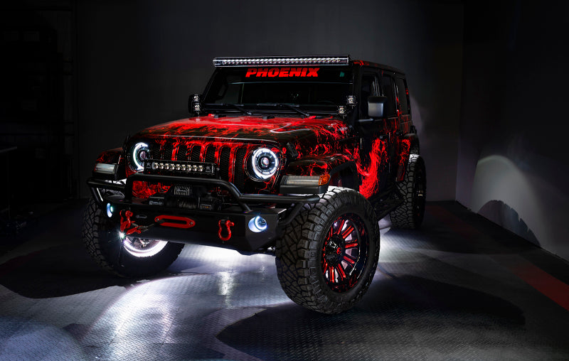 Oracle Lighting LED illuminated wheel rings with ColorSHIFT, showcasing vibrant, multicolor LED light strip installed on a vehicle wheel.