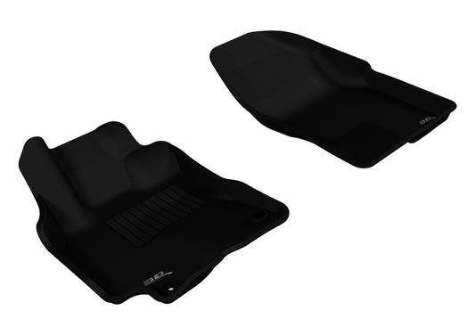 Black 3D MAXpider rubber front floor mat for 2009-2013 Pontiac Vibe and Toyota Corolla, designed with a textured surface for durability.