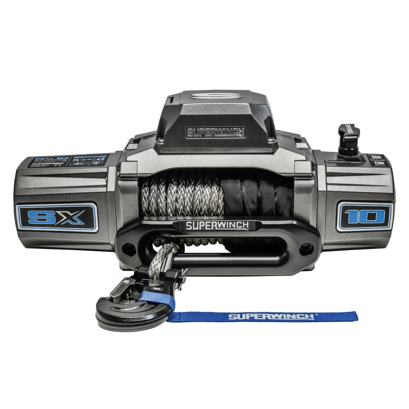 Superwinch 10,000 lb 12V DC winch with 3/8-inch x 80-foot synthetic rope for heavy-duty pulling and recovery.