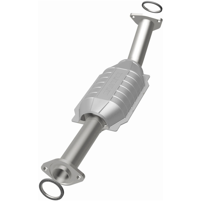 MagnaFlow direct fit catalytic converter for 2003-2004 Toyota Tundra V8 4.7L gas engine, showing the metal construction and inlet/outlet ports.