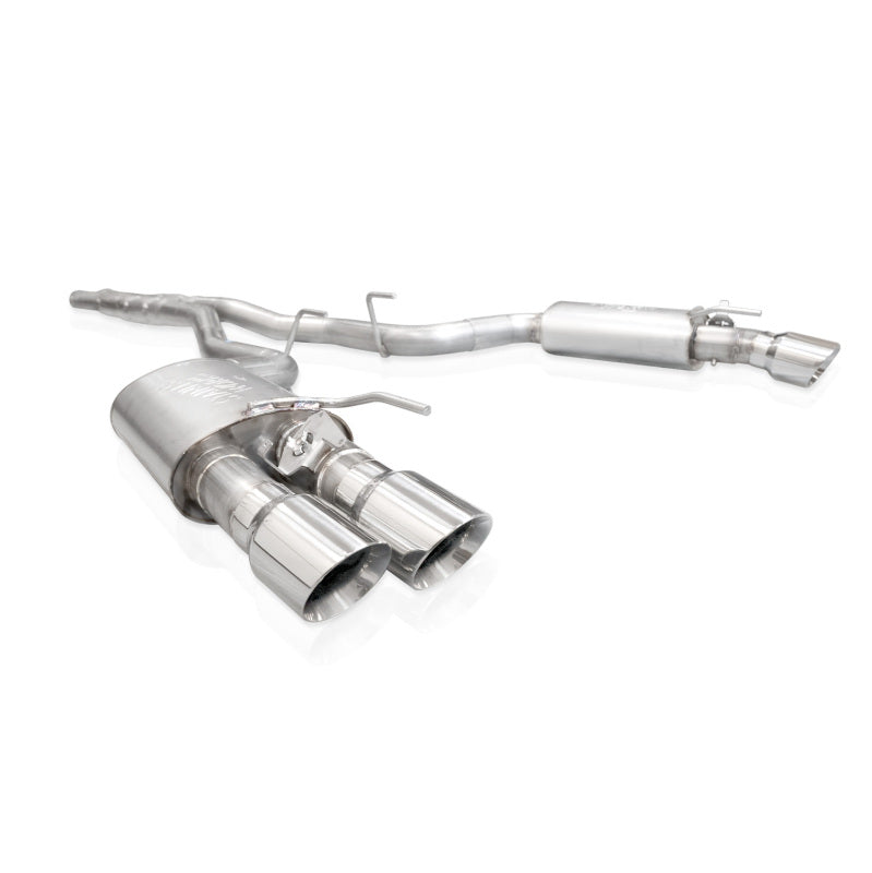 Stainless Works 2024 Mustang GT catback exhaust with quad tips and Legend Sound X-Pipe, showcasing its performance-driven design.