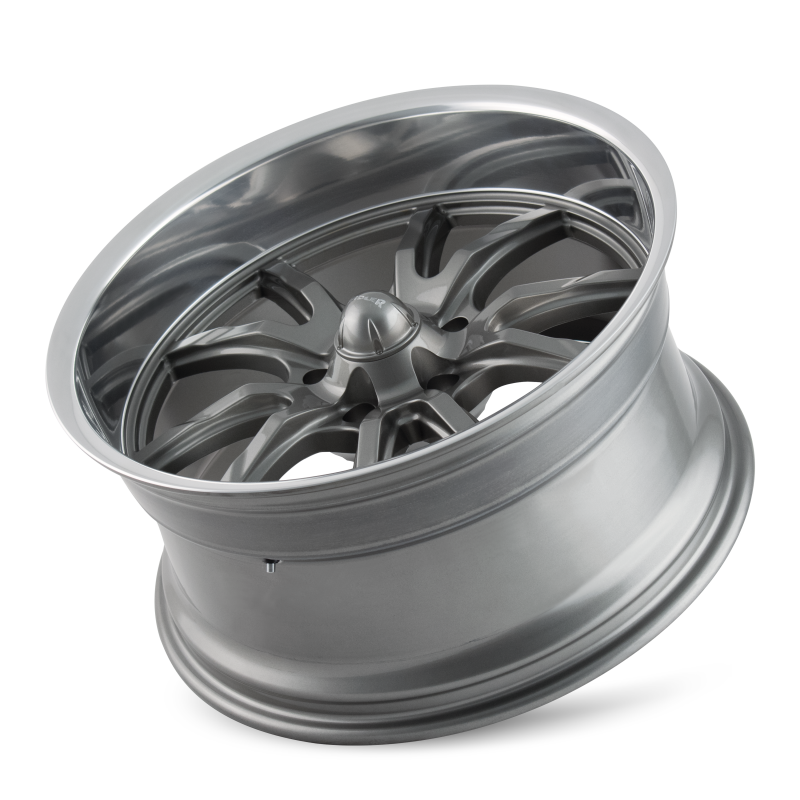 Ridler 650 cast wheel, 18x8 inches, 5x120.65 bolt pattern, gloss grey with polished finish, 83.82mm hub, 0mm offset