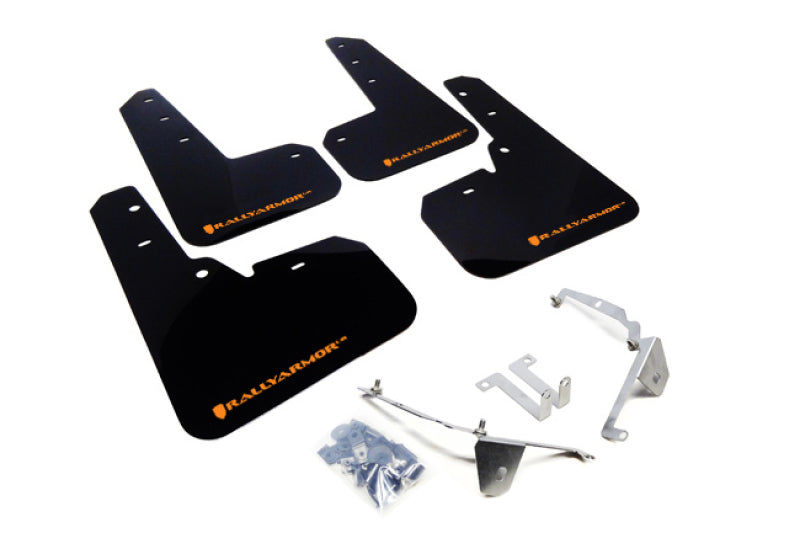 Rally Armor black mud flaps with orange logo for 2013-2017 Subaru Crosstrek XV, showing the durable rubber material and logo detail.