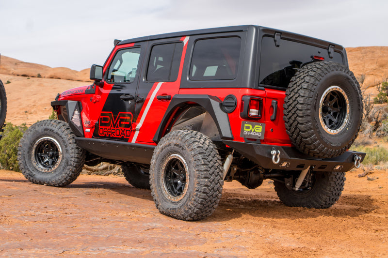 DV8 Offroad Jeep Wrangler JL armor fenders with integrated LED turn signal lights, designed for 2018+ Jeep Wrangler JL.