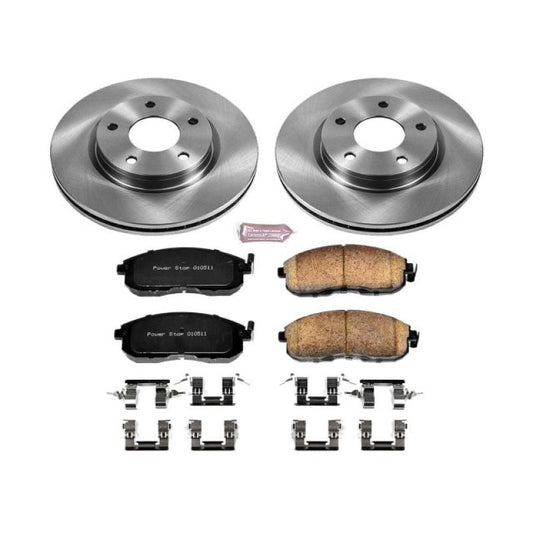 PowerStop OE brake kit for Nissan Sentra 2013-2018 front autospecialty brake components, including rotors and pads.