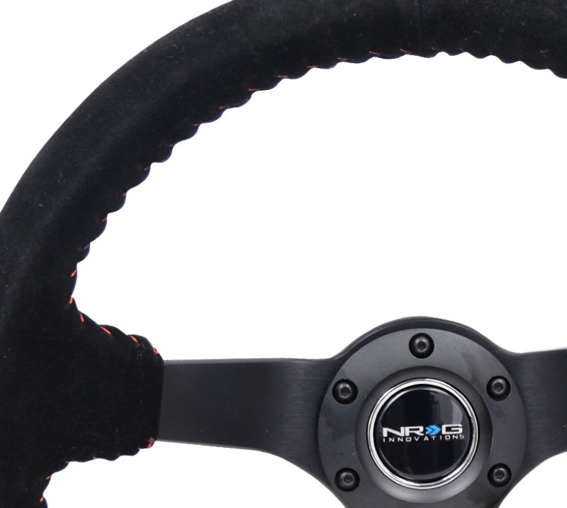 NRG reinforced steering wheel with black suede and red basketball stitch, 350mm diameter, 3-inch deep, matte black spokes.