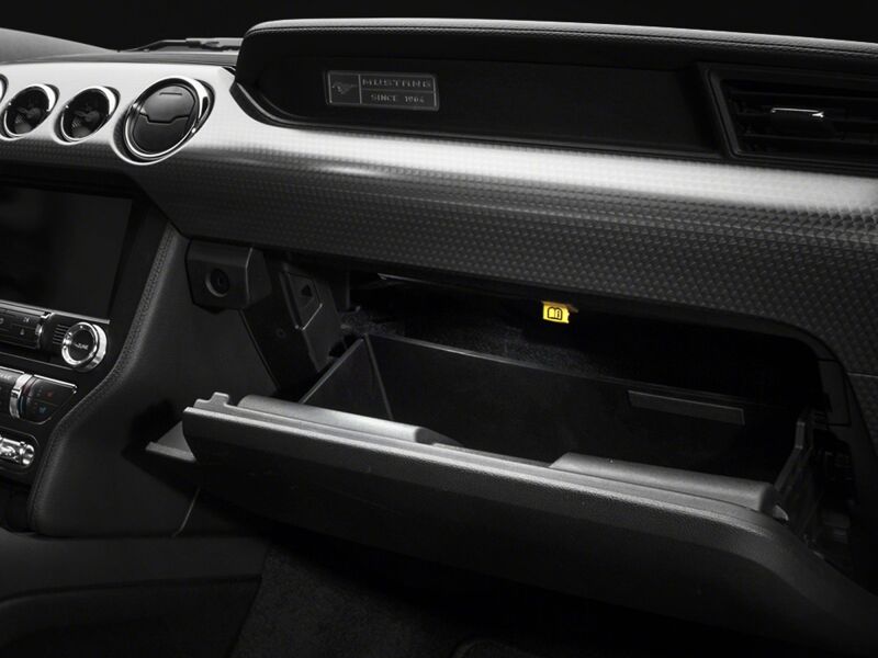Raxiom Ford Mustang interior LED lighting kit with cool white LED strips and components inside the vehicle cabin.