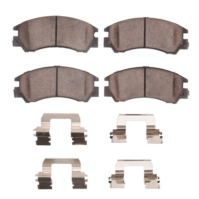 R1 Concepts Subaru XT R1 85-94 front brake pads and hardware kit, OE style, with metal backing and mounting components.