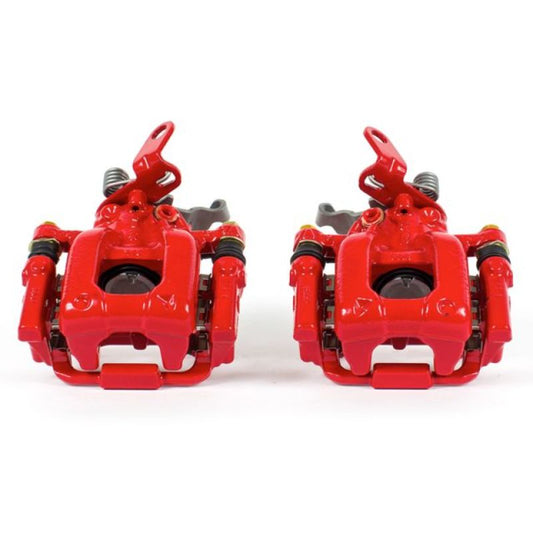 PowerStop rear red brake calipers with brackets for Audi A3 2010-2012, performance replacement part, pair shown on vehicle.