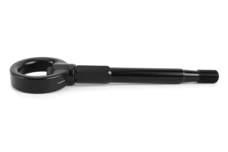 Black Perrin Performance tow hook kit for Subaru WRX, Crosstrek, Impreza, and Forester front mounting, shown installed on a vehicle.