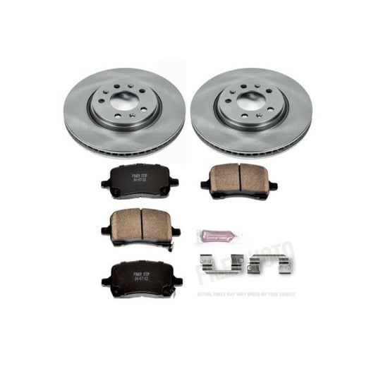PowerStop OE front brake kit for 2006-2009 Pontiac Solstice showing brake rotors and pads installed