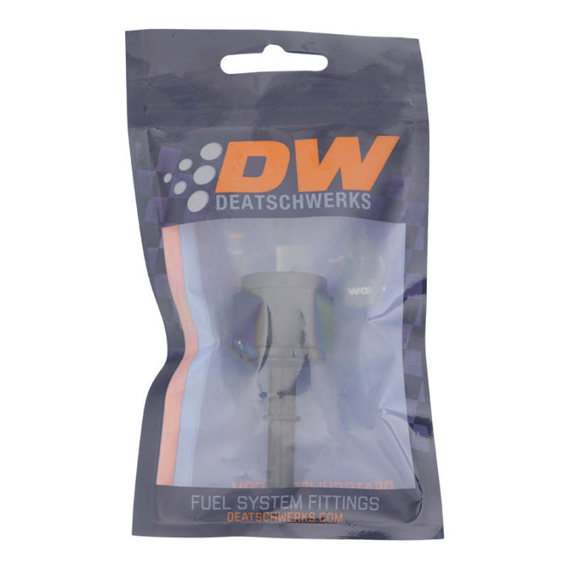 DeatschWerks 10AN female flare swivel to 5/16 inch male EFI quick disconnect fitting in matte black for fuel systems.