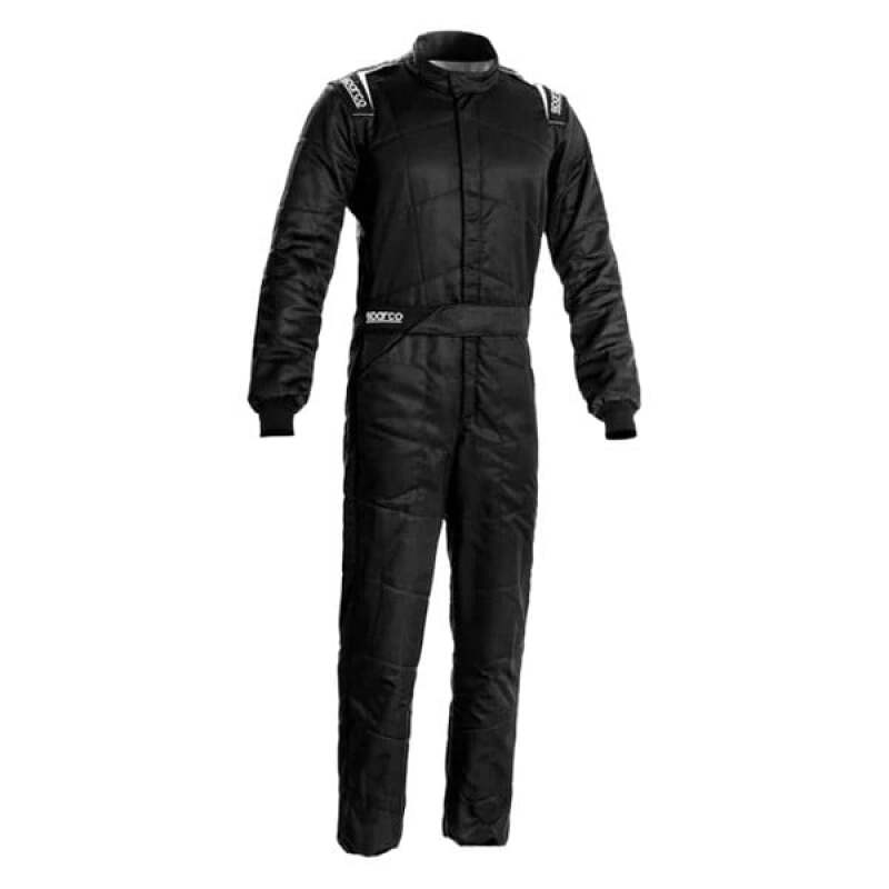 Black Sparco Sprint racing suit with boot cuff, designed for motorsport performance and safety.