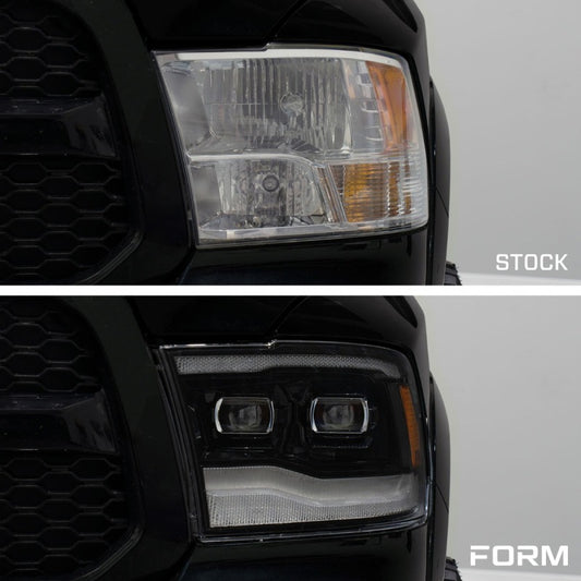 Pair of FORM Lighting sequential LED projector headlights for 2009-2018 Ram 1500, 2500, and 3500 trucks, showing LED light setup.
