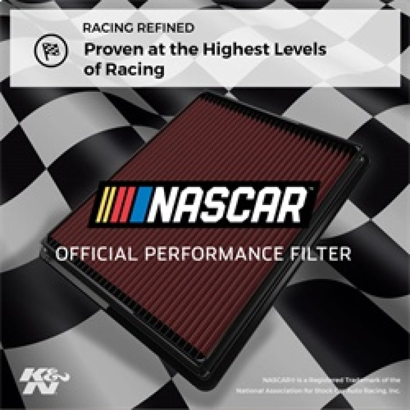 K&N Engineering replacement drop-in air filter for 2019 Mercedes Benz E350 with 2.0L engine, showing the clean filter element.