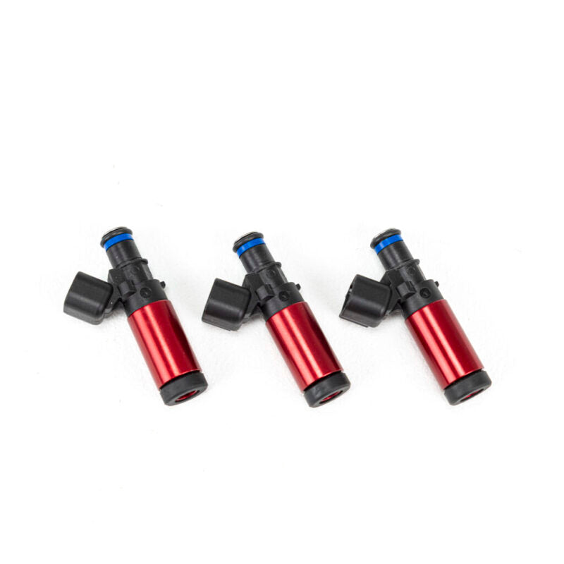 Injector Dynamics 1050-XDS fuel injectors set with 55mm length, 11mm machine top, and 34.55 D adaptor for 3-cylinder engines