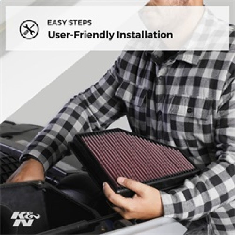 K&N Engineering drop-in air filter for 2019 Mercedes Benz E350 with 2.0L engine, designed for improved air filtration.