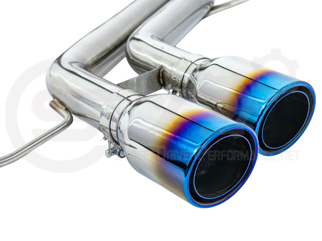 Hyundai Veloster Turbo 2013-2018 exhaust axle back with dual 4-inch muffler delete tips, available in burnt or chrome finish.