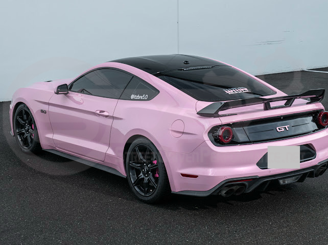 Ford Mustang Dark Horse style carbon fiber rear wickerbill spoiler wing, with aerodynamic design and glossy finish, for 2015-2023 models.