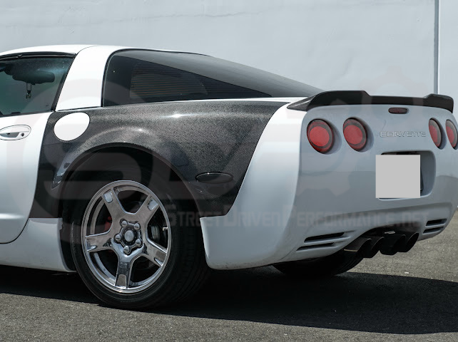 Factory style carbon fiber front and rear widebody fenders for 1997-2004 Chevrolet Corvette C5 hatchback by Street Driven Performance.