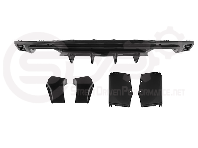 Glossy black rear bumper diffuser for 2016-2024 Chevrolet Camaro by SDP Performance, featuring fins for a sporty track style look.