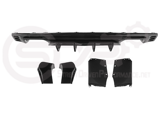 Glossy black rear bumper diffuser for 2016-2024 Chevrolet Camaro by SDP Performance, featuring fins for a sporty track style look.