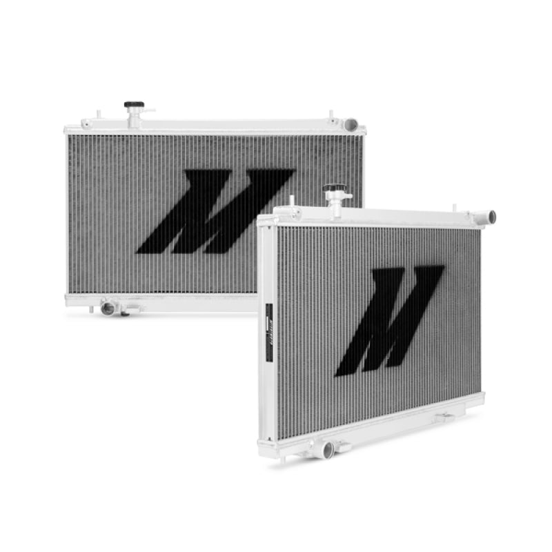 Mishimoto aluminum radiator for 03-06 Nissan 350Z manual transmission, featuring a sleek silver finish and dual core design.
