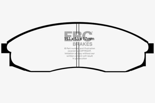 EBC Redstuff front brake pads for Nissan Skyline R33 2.5 GTS, performance brake pads with red friction material.