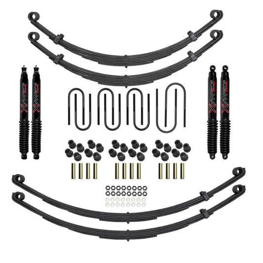 Skyjacker lift kit for 1971-1973 Scout II with black components, featuring suspension system and upgrade parts.