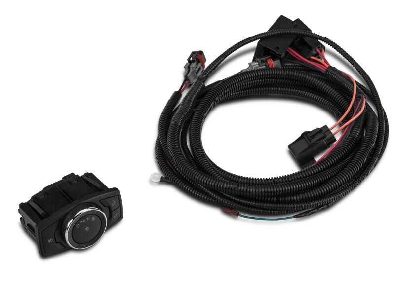 Raxiom Ford Mustang V6 fog light switch with wiring harness, showing switch and wiring for 2015-2017 models.