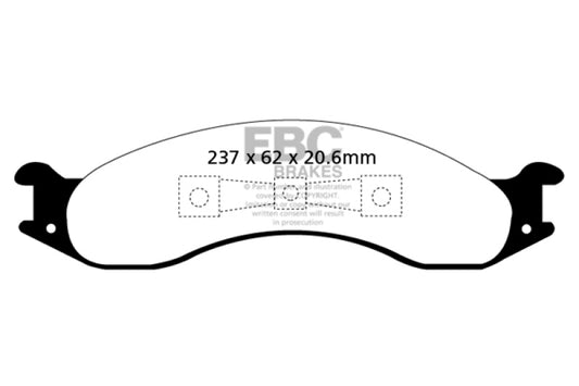 EBC Ultimax2 front brake pads for 1992-1994 Ford Econoline E250 4.9 OE brake pads showing the pad surfaces and packaging
