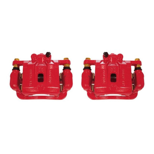 Pair of PowerStop rear red brake calipers with brackets for Hyundai Genesis Coupe 2010-2016, high-performance perf brake calipers.