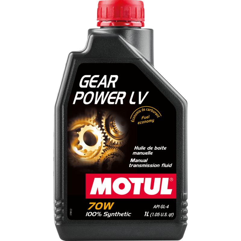 Motul 1L Gear Power LV 70W gear oil container, displaying the Motul brand label and product specifications.