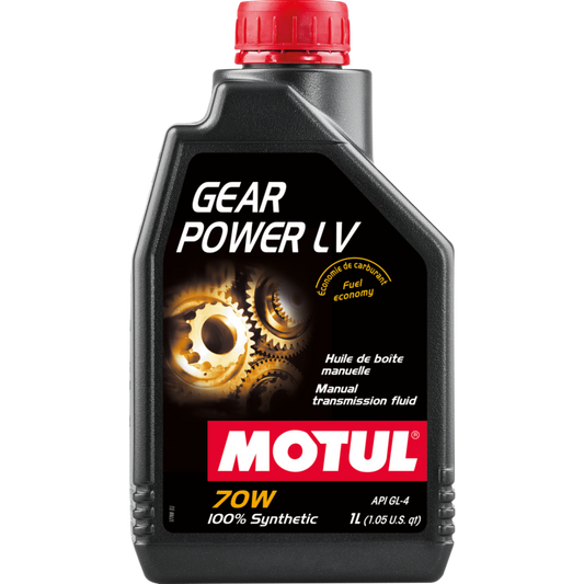 Motul 1L Gear Power LV 70W gear oil container, displaying the Motul brand label and product specifications.