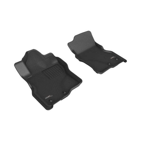 Black 3D MAXpider 22-23 Nissan Frontier Crew Cab Kagu rubber front row floor mats, durable and custom-fit for truck interior.